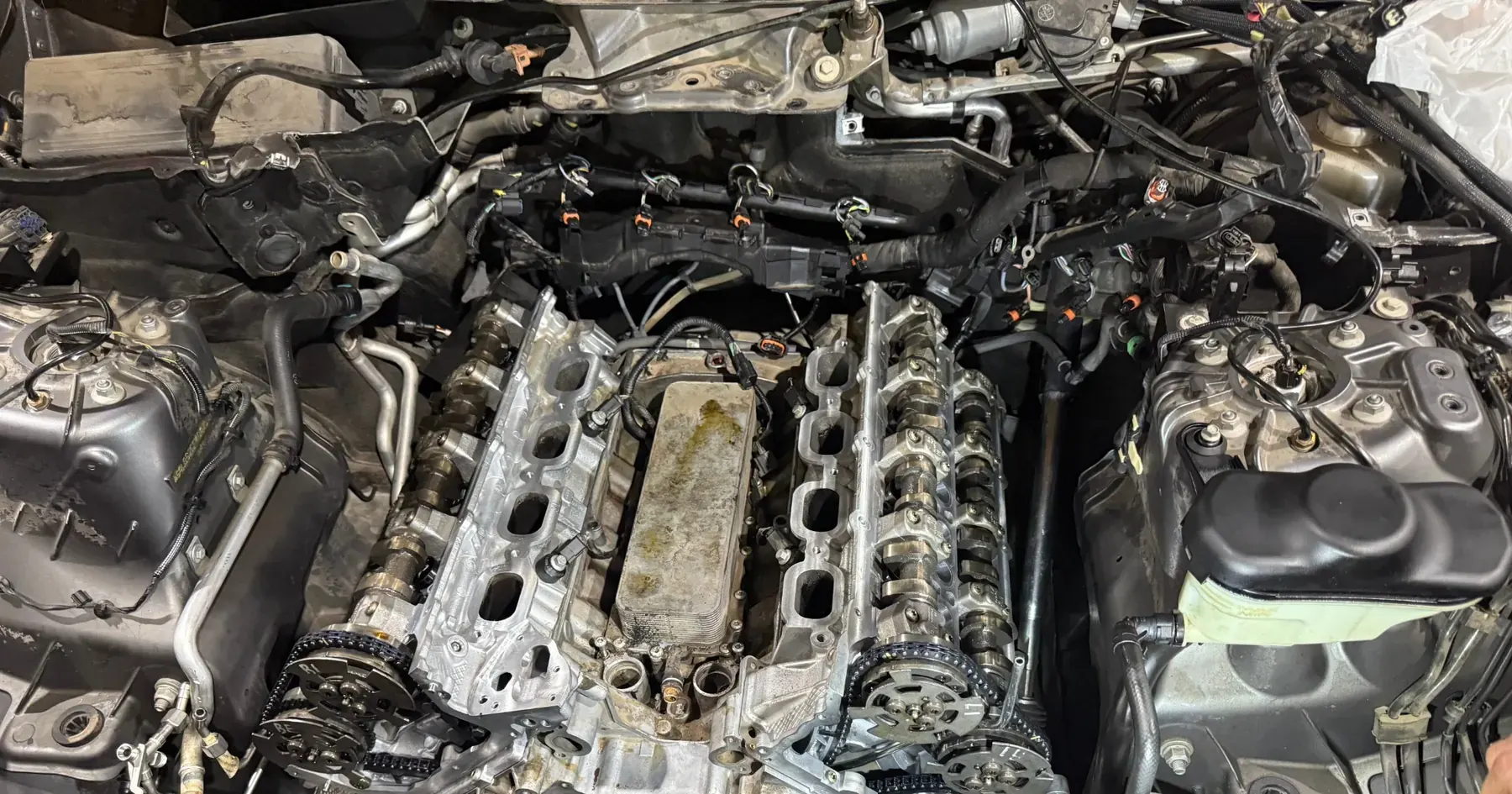 Engine timing components exposed during repair